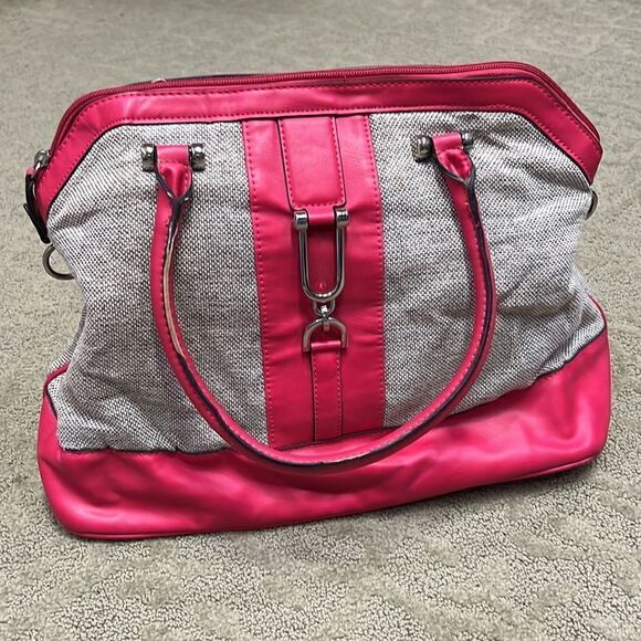 London Fog Simulated Leather Pink & Woven Satchel Purse with Long Strap - Picture 1 of 8
